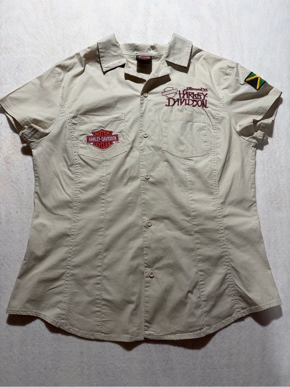 NWOT Harley Davidson Jamaica Button Up Shirt Beige Khaki Embroidered Floral Sz L